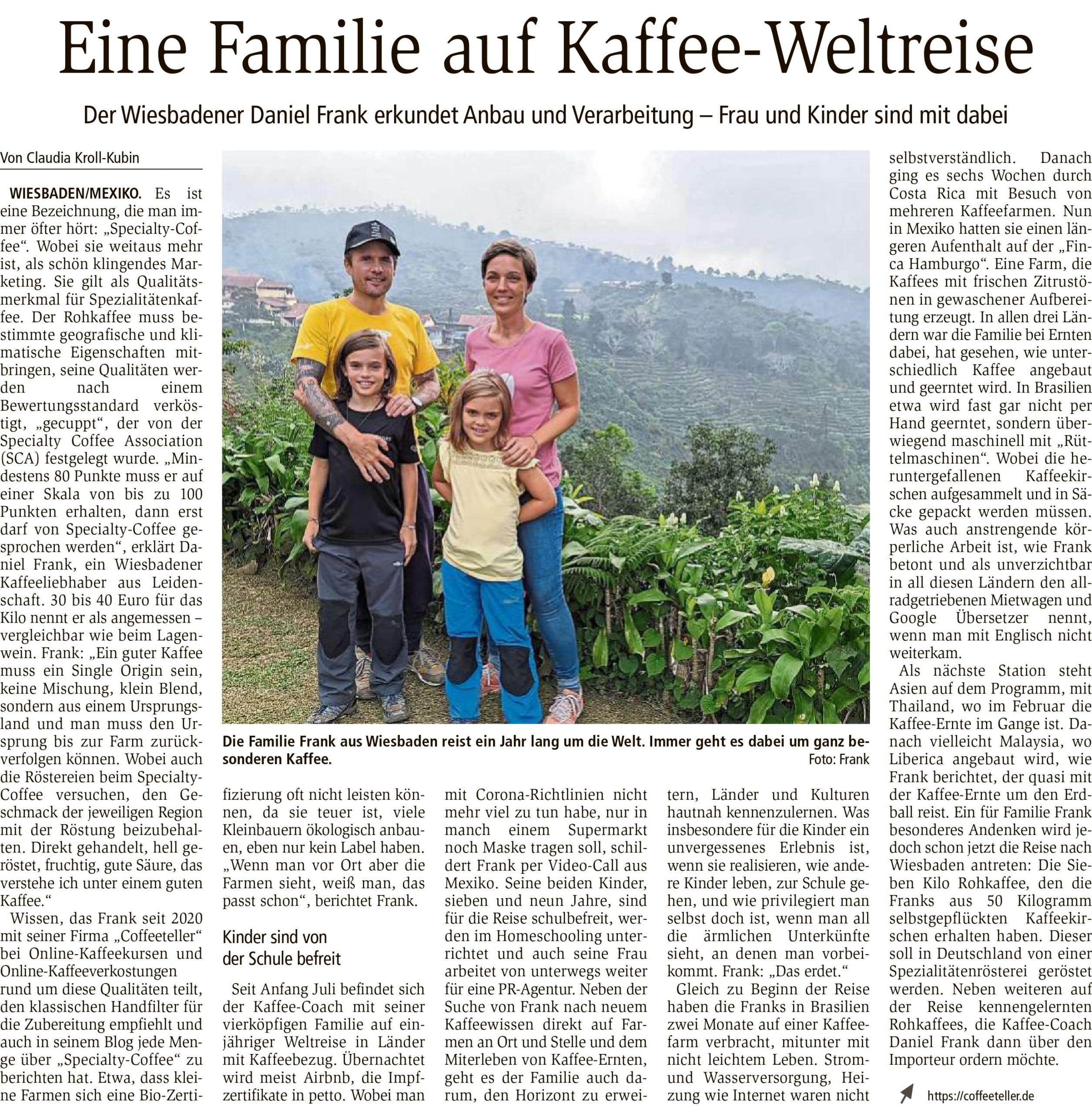 Wiesbadener Kurier Artikel über unsere Kaffeereise durch Südamerika